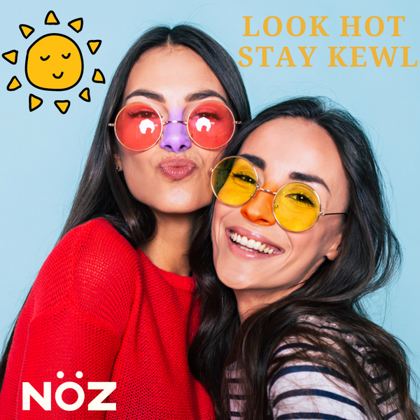 two girl best friends smiling at the camera and wearing sunglasses with colored sunblock on their noses. There is a drawing of a smiling sun in the corner and the caption reads "look hot stay kewl".